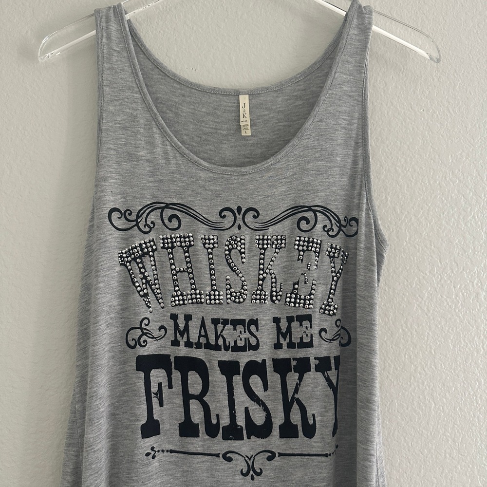 Whiskey Makes Me Frisky Studded Graphic Tank Top Women Large Gray Rayon Blend